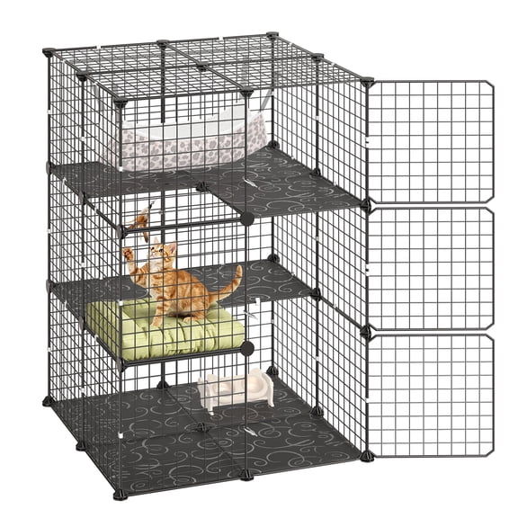 KFFKFF 3-Tier Cat Cage 27.99"x27.99"x40.98" DIY Playpen with Hammock, Indoor Metal Wire Enclosure, Spacious Crate for 1-2 Cats, Kittens, or Small Pets, Black
