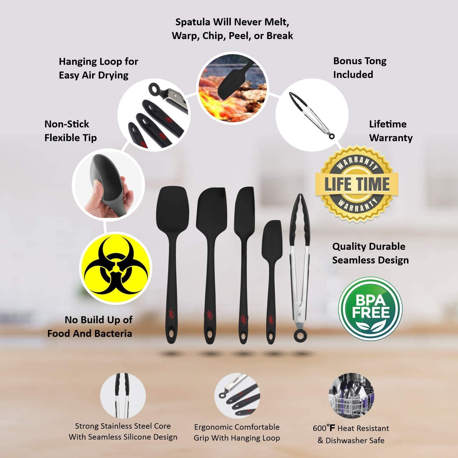 Kaluns Kitchen Tongs Set, Set of Four 7,9, and 12 Inch Tong Plus Silicone  Spatula, Non-stick, Heat Resistant Serving Utensils, Black
