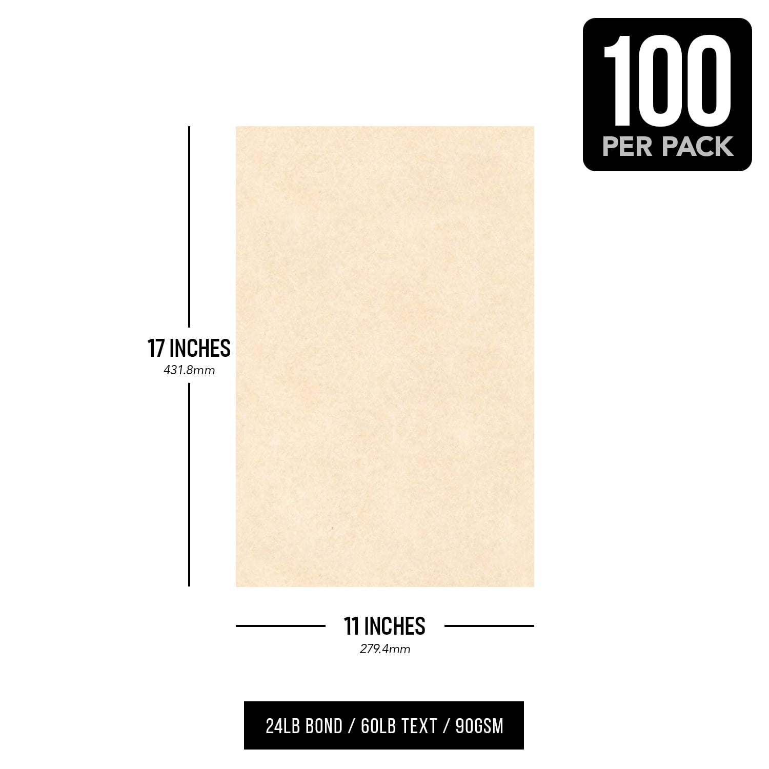 Natural Stationery Imitation Parchment Colored Regular Paper for Writing, Printing, Copy | 24lb Bond, 60lb Text (90GSM) | 11 x 17" | 100 Sheets per Pack