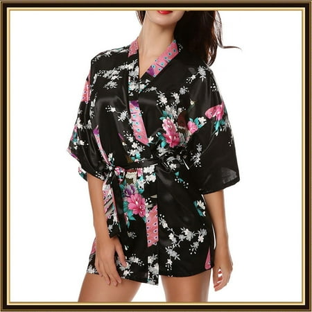 

Yubatuo Women Simulation Silk Print Bride Robe Fashion Gown Bath Robe Lingerie Sleepwear Black XL