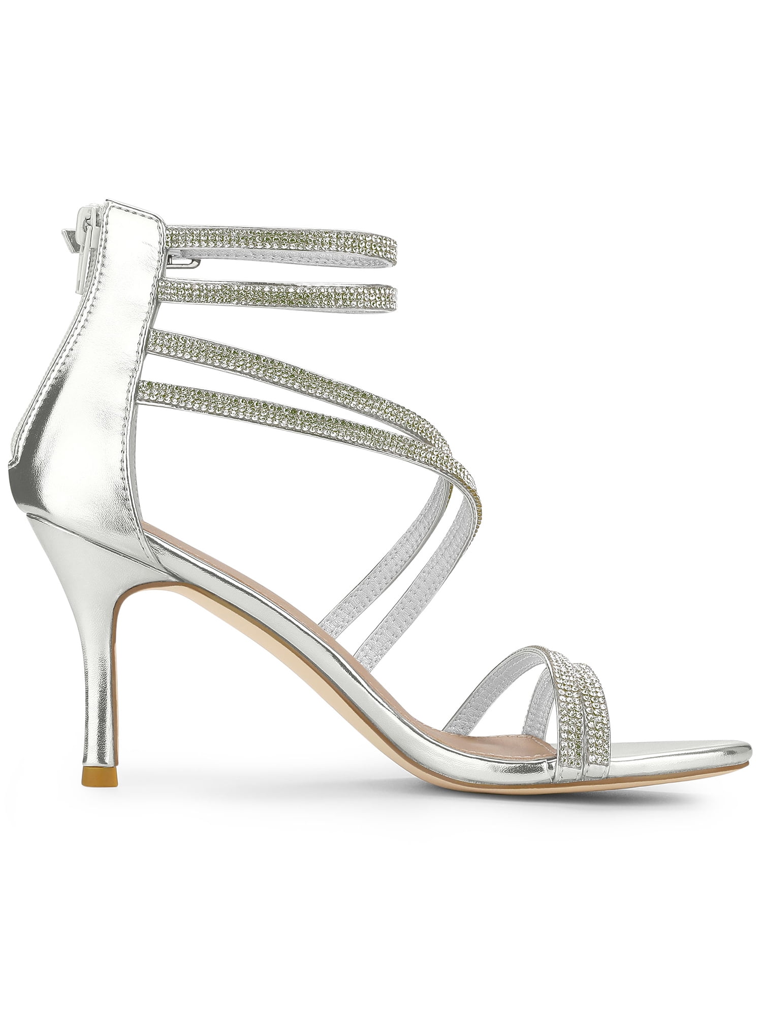 DARING DIVA Women's Ankle Strap Rhinestone Stiletto Heels Sandals Silver 10