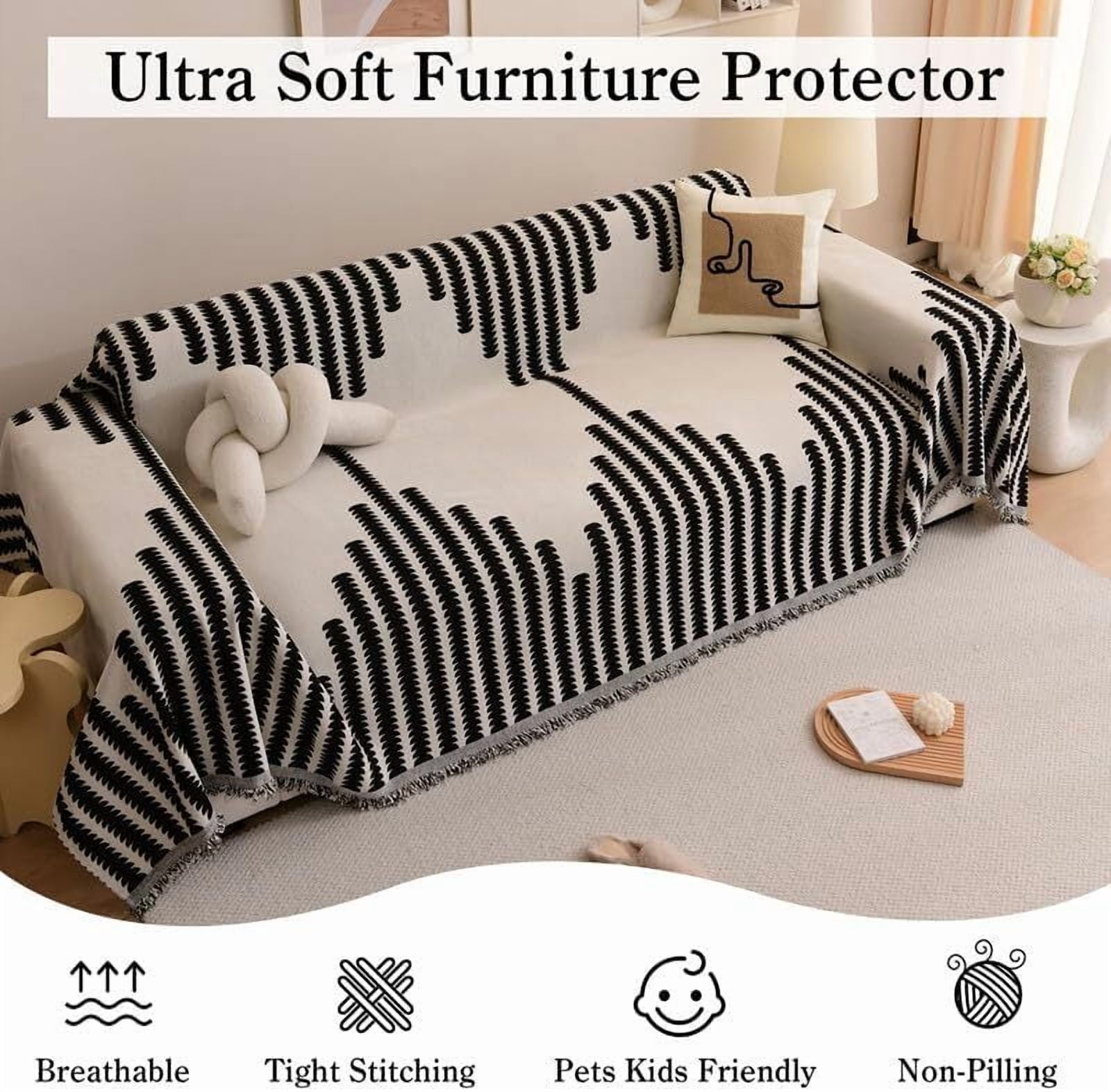Eurhowing Boho Couch Cover for 4 Cushion Couch, Chenille Sofa Cover Blanket with a Pillowcase, Anti-Slip Tassel Sofa Slipcover for Pet, (71'' x 149'', Black)