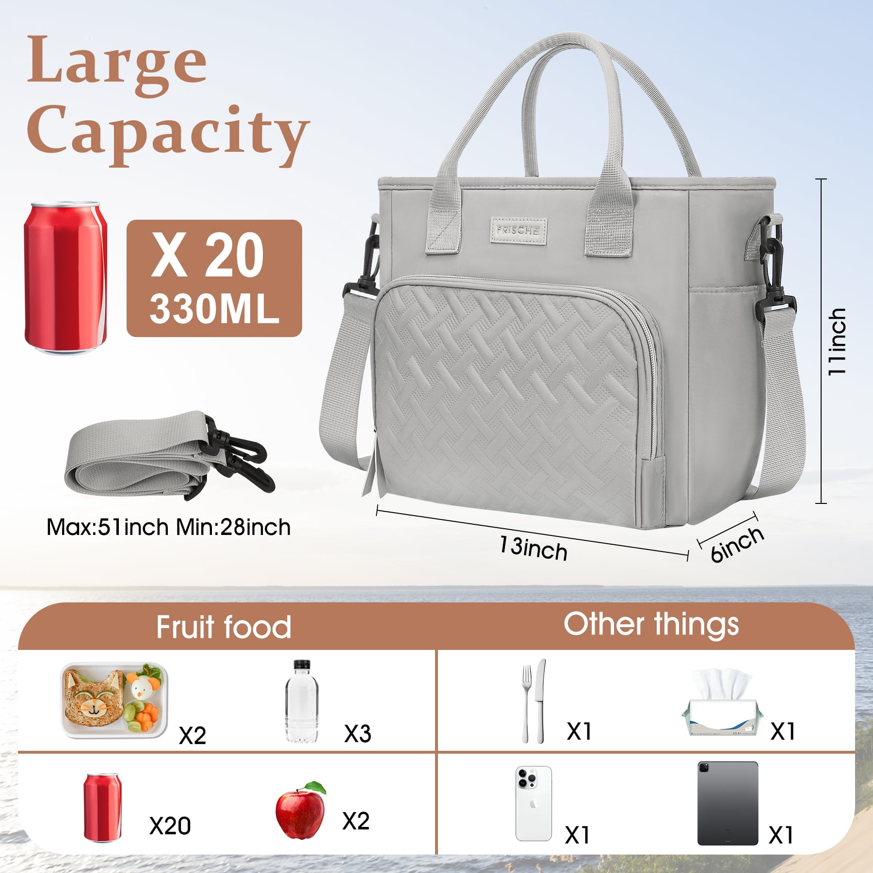 CshidWorld Insulated Lunch Bag for Men & Women - 18L Large Capacity Lunch Box for Work,Office ,Picnic, Hiking, Beach, Thermal Cooler Tote w/ Adjustable Strap, Pockets, Classic Plaid Design, Gray
