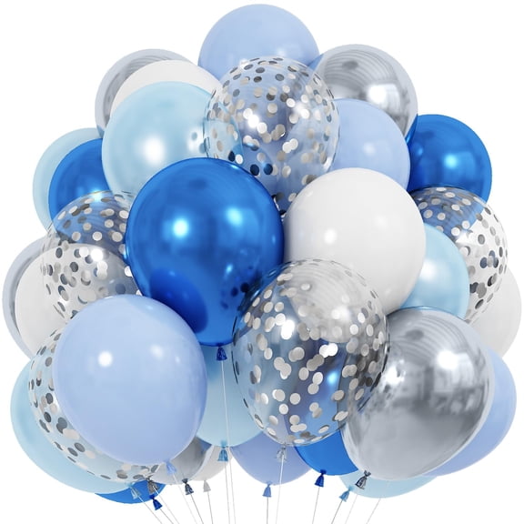 Blue and White Balloons, 60 Pcs 12 Inch Pastel Baby Blue Silver Latex Balloon with Metallic Confetti Balloons for Birthday Baby Shower Graduation Party Decorations