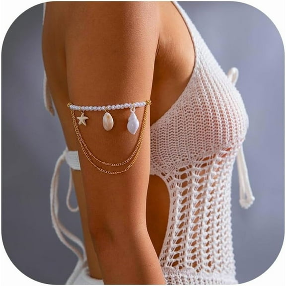 Arm Cuff Shell Bracelet Adjustable Upper Arm Cuff Bangle Gold Jewelry Gifts for Women Boho Summer Beach Vacation Essentials