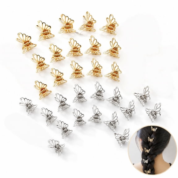 30Pcs Mini Butterfly Metal Hair Claw Clips, 0.83 x 0.5 Inch Hollow‑Out Decorative Hair Grips, Golden & Silver Small Styling Accessories for Women Braids, Dreadlocks & Updos
