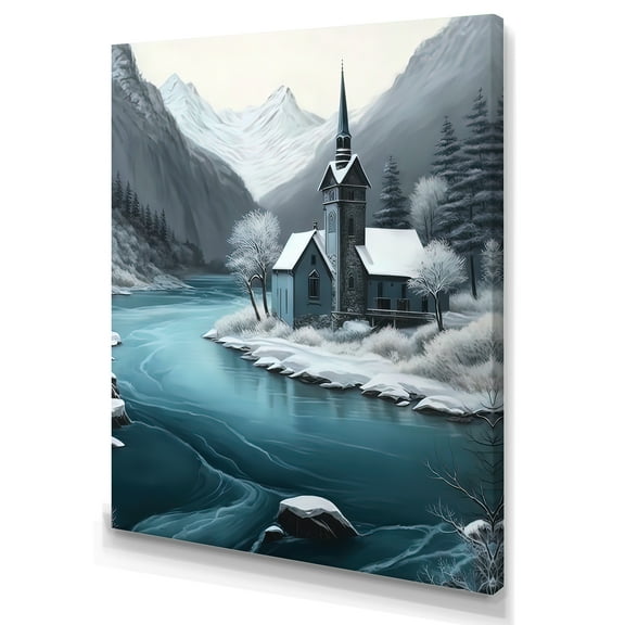 Designart Church On A Lake In Winter III Canvas Wall Art