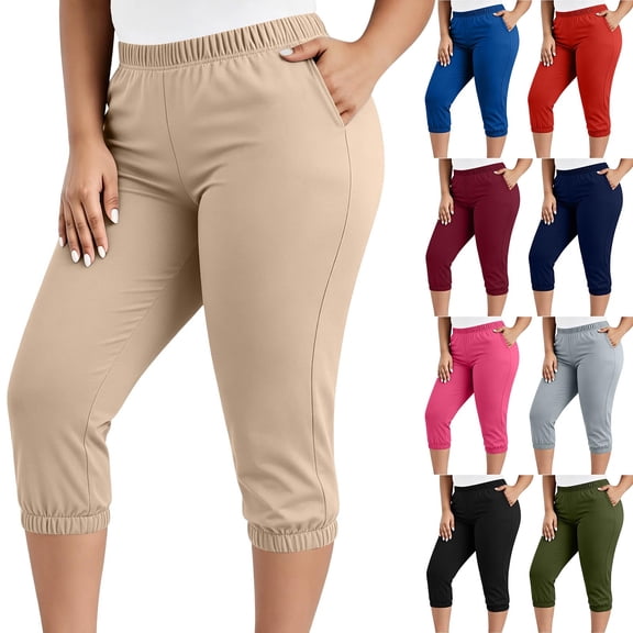 Inverlee Plus Size Elastic Waist Capri Jogger Pants for Women Casual Solid Color Cropped Trousers with Pockets Beige XXXL