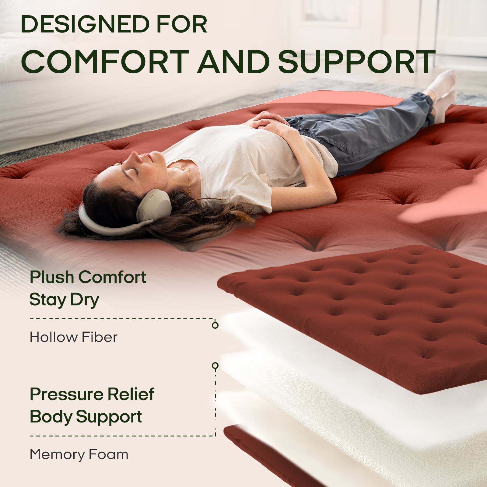 Zonli Japanese Floor Futon Mattress, 2.5" Cotton Folding Tatami Pad, Queen 80"x60", Red