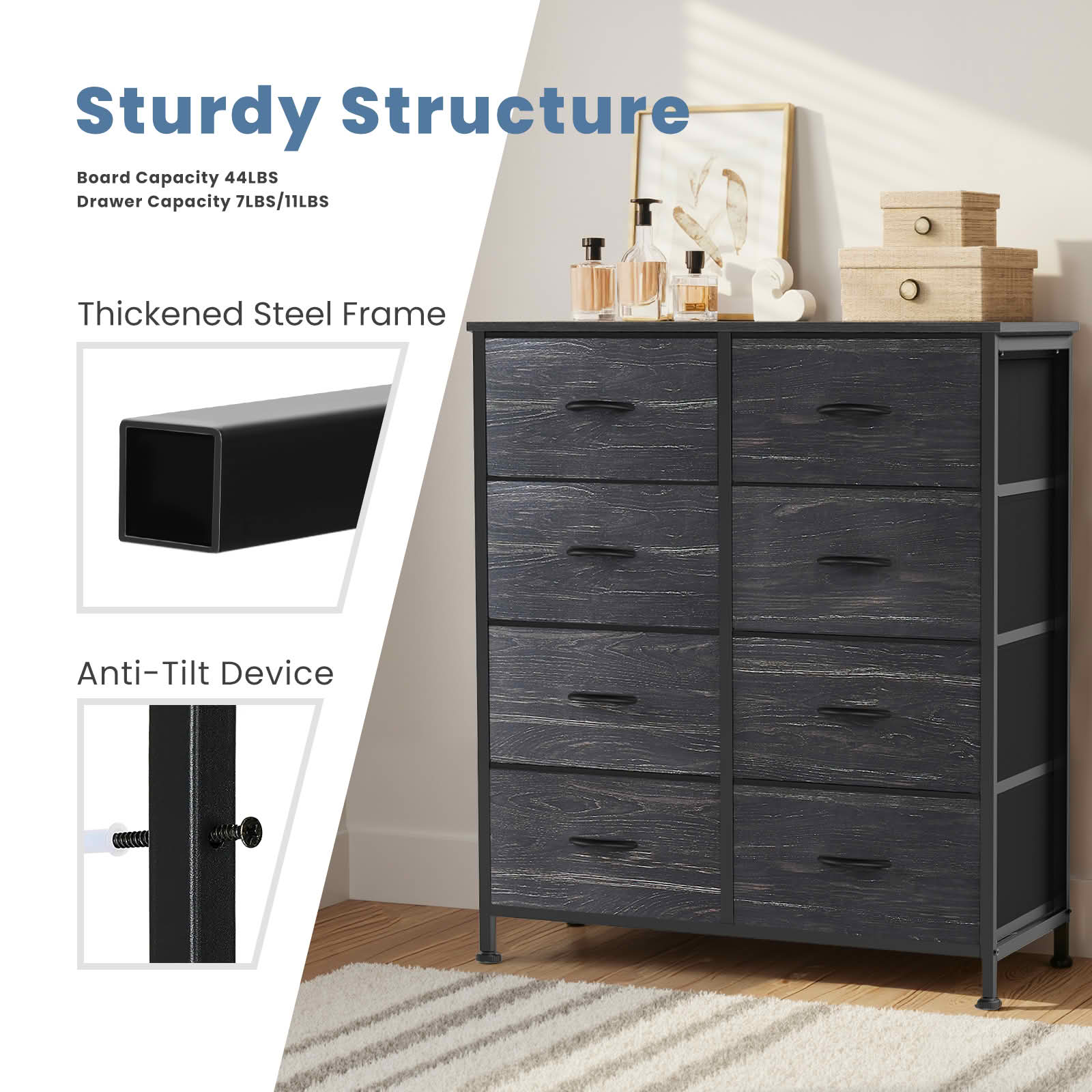 MAYEERTY 8 Drawer Tall Dresser Fabric Storage Tower Wooden Top for Kid Room Closet Entryway Nursery
