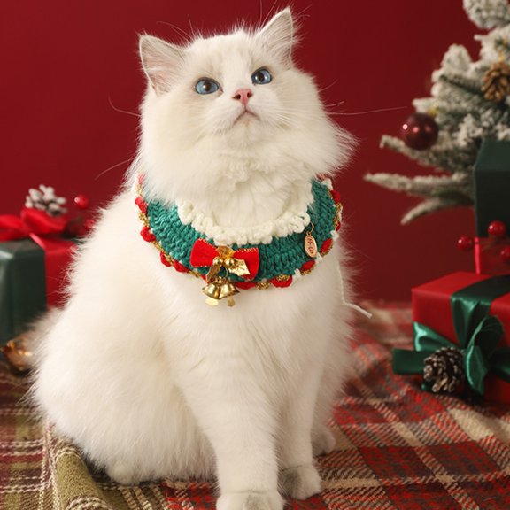 FYTPOV Hand Knitted Cat Collar with Bell, Creative Christmas Collars for Cats Kittens, Cute Cat Scarf with Adjustable Straps, Cat Costume for Party Photograph, XS