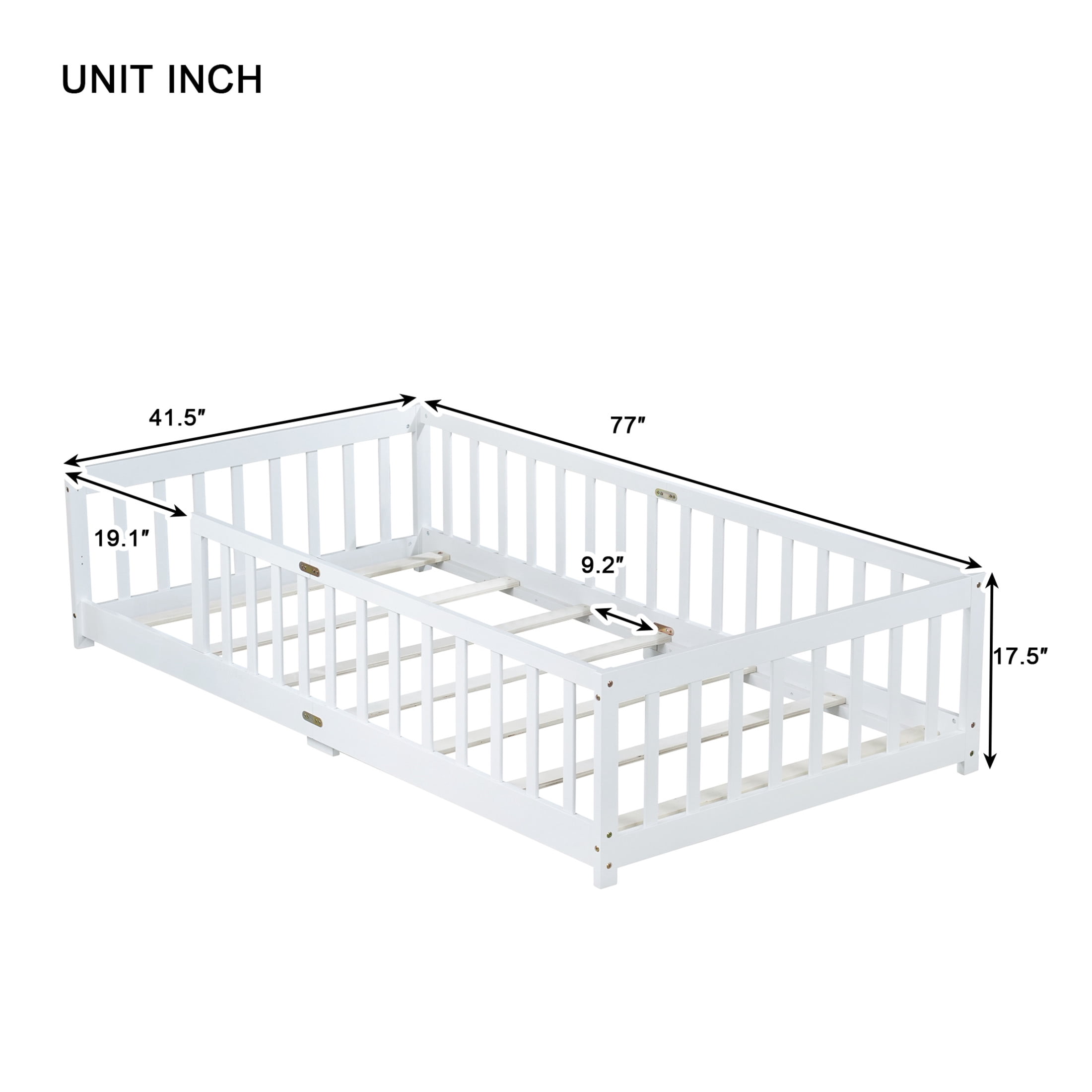 Noble House Erika Twin Floor Bed with Safety Fence, Rubber Wood Montessori Bed Frame, Kid's Room, White