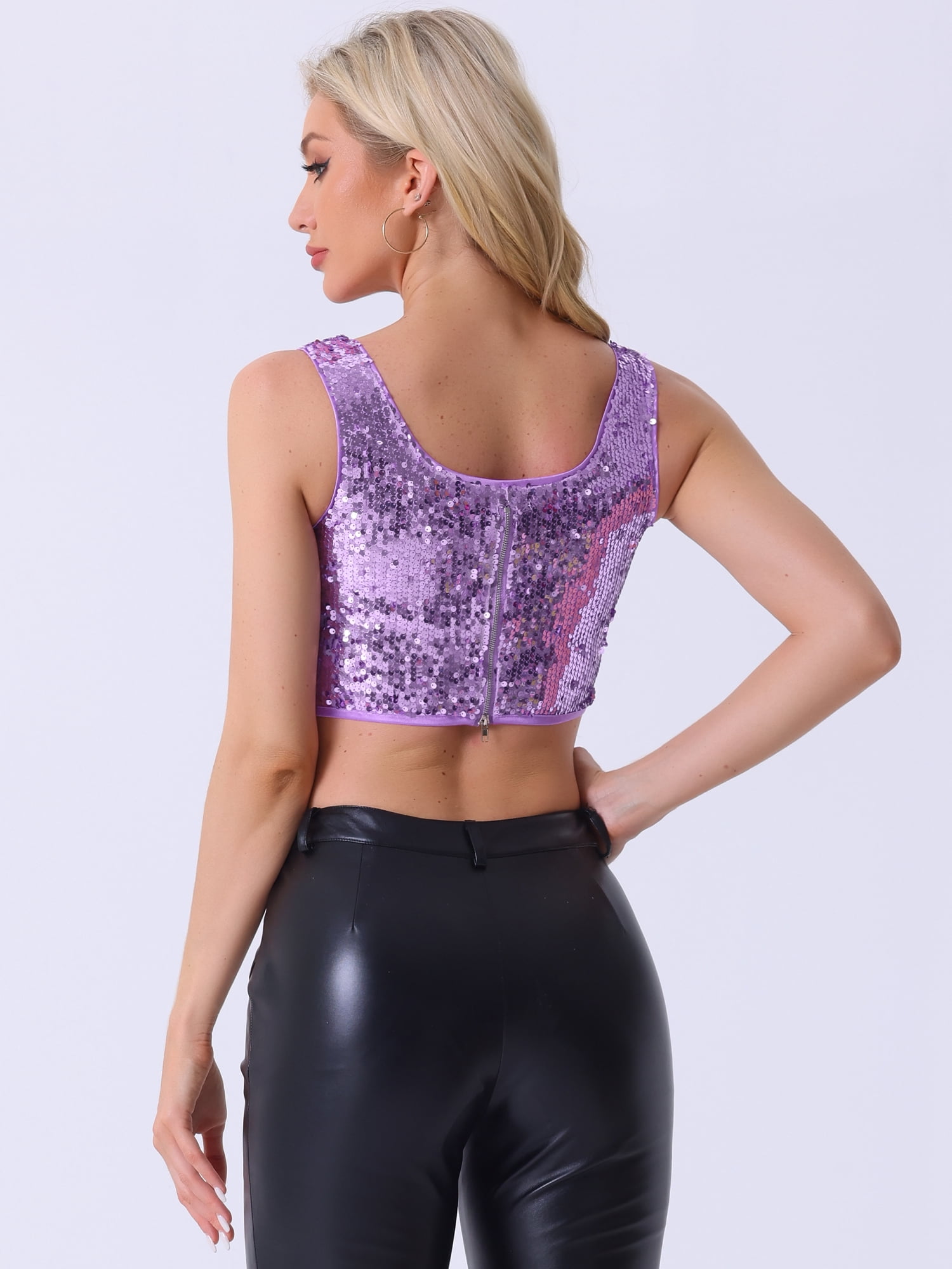DARING DIVA Women's Metallic Sequin Scoop Neck Tank Top XS Light Purple