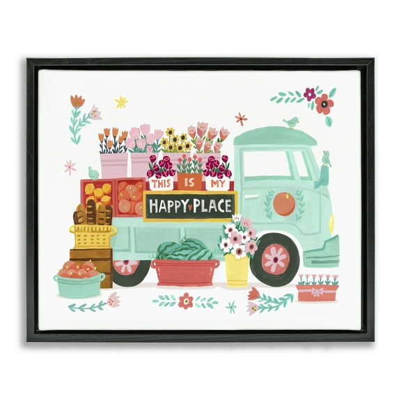 Stupell Industries Happy Place Flower Truck Plants & Flowers Painting Black Floater Framed Canvas Art Print Wall Art, 21 x 17