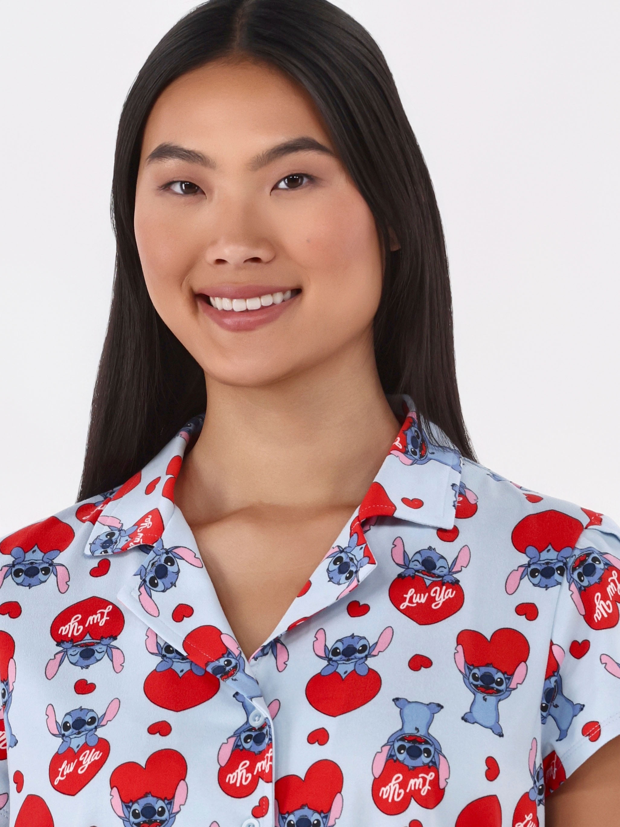 Disney Stitch Women's Valentine's Day Notch Collar Top and Shorts, 2 Piece Pajama Set, Sizes XS-3X