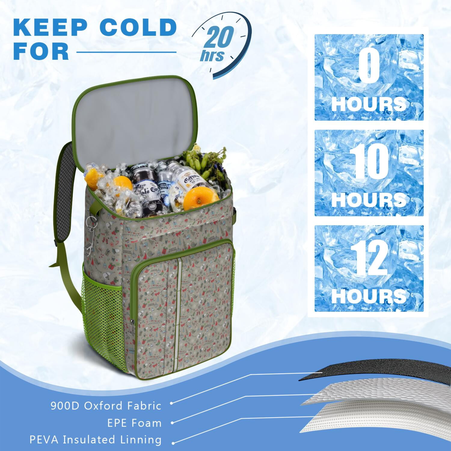 Travel Cooler Bag - Gray Christmas Icon Pattern Camping Beer Cooler Backpack with Bottle Opener- Waterproof Insulated Picnic Backpacks - Cooler Bag for Beach