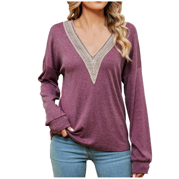 Yuzhih Long Sleeve Shirts for Women Dressy V Neck Casual Blouse Basic Loose Tunic Tops Trendy Soft Fall Tops