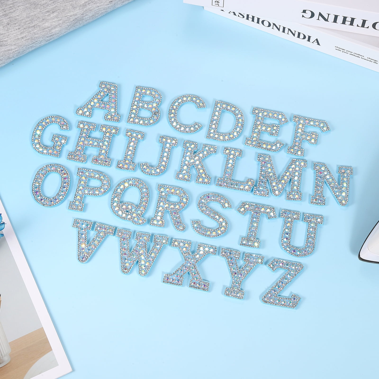 Uxcell 26pcs Letter Iron on Patch Decorative A-Z, Blue Glitter Pearl Alphabet Applique Rhinestone English Letter for DIY Clothing Repair Hat Bag