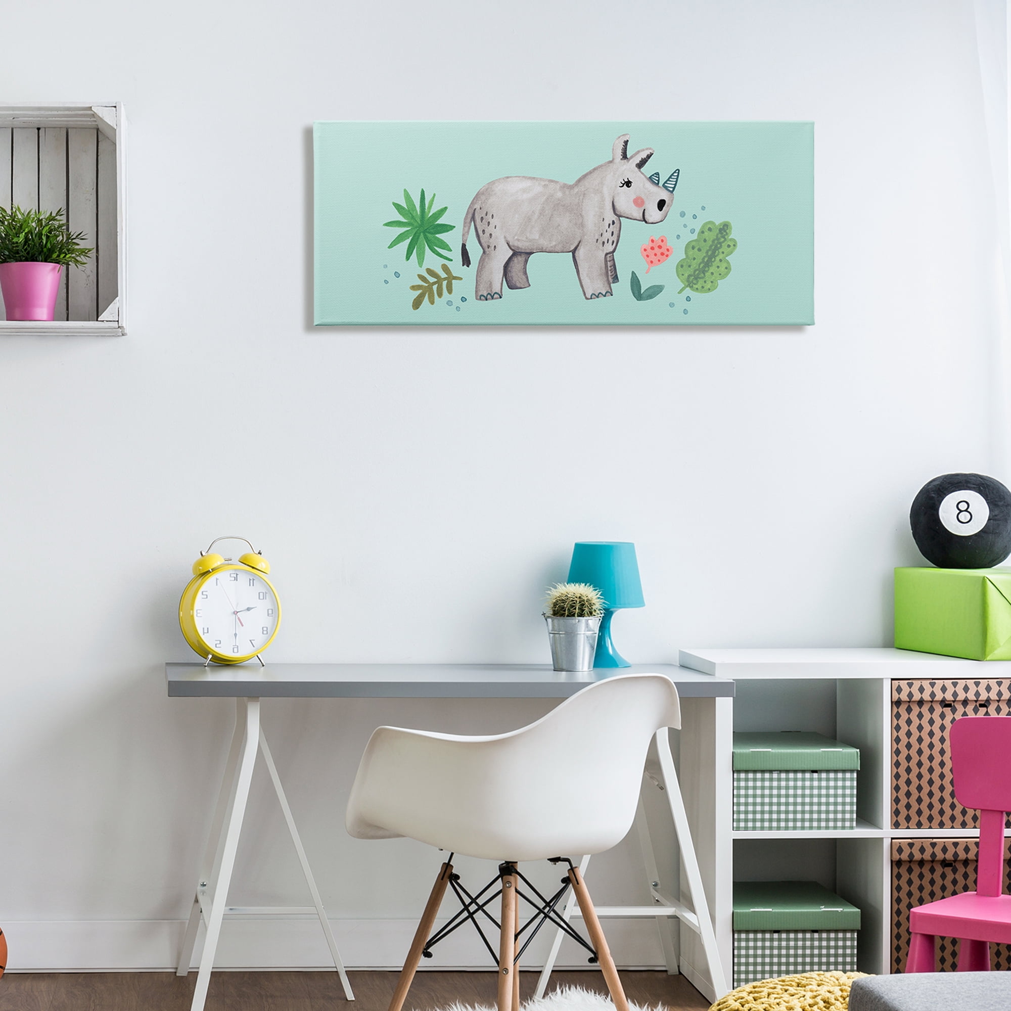 Stupell Industries Rhino Illustration Plants Leaves Turquoise Background Design, 40 x 17, Design by Heather Strianese