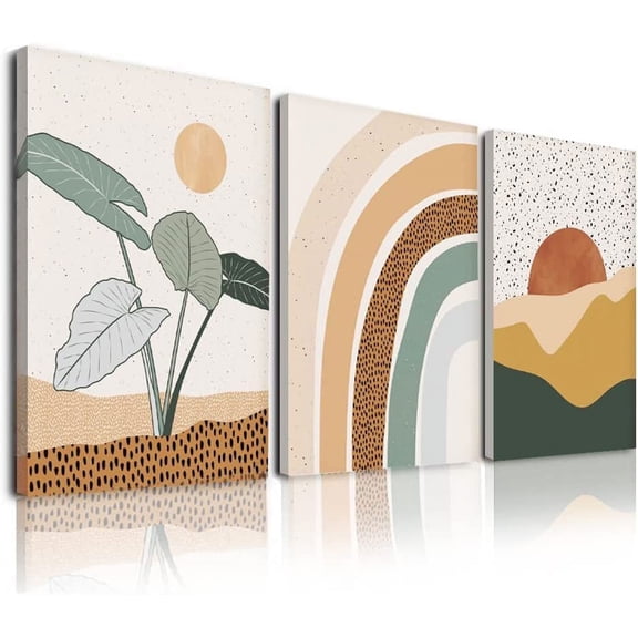 Boho Wall Art Set Of 3, Framed Canvas Wall Art, Minimalist Nature Abstract Geometric Beige Sun Moon Desert Prints Artwork, Mid-Century Modern Wall Decor for Living Room, Bedroom, Bathroom, Office