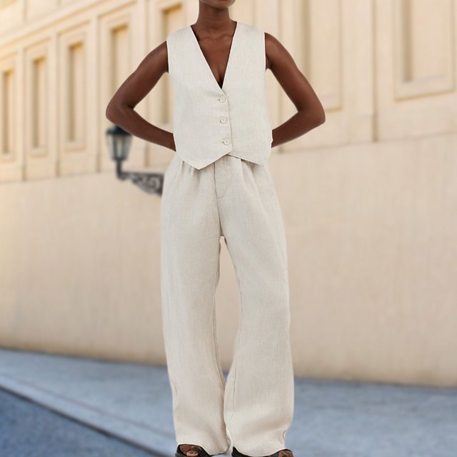 Traje de verano sólido de viajero unisex con chaleco con cuello en V y pantalón de 2 piezas FLhrweasw Nuevo
