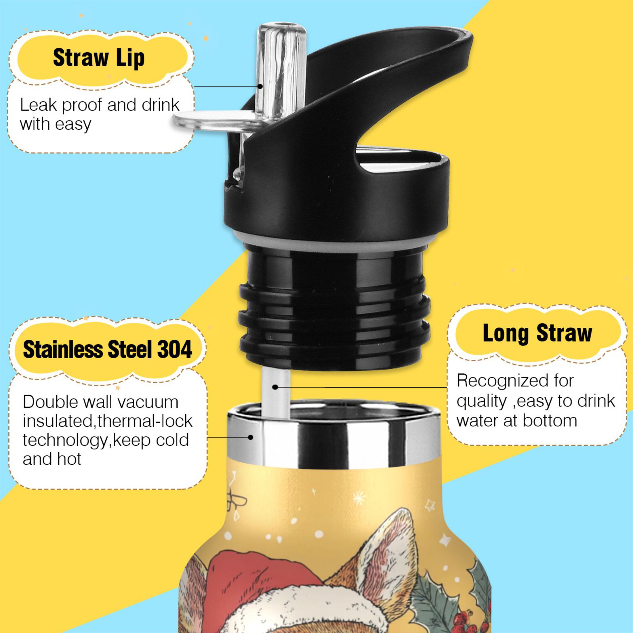 600ML Stainless Steel Insulated Cup Sports Water Bottle Portable Thermos Cup Water Glasses Insulated Tumblers Convenient and Durable Warm Christmas Cute Deer