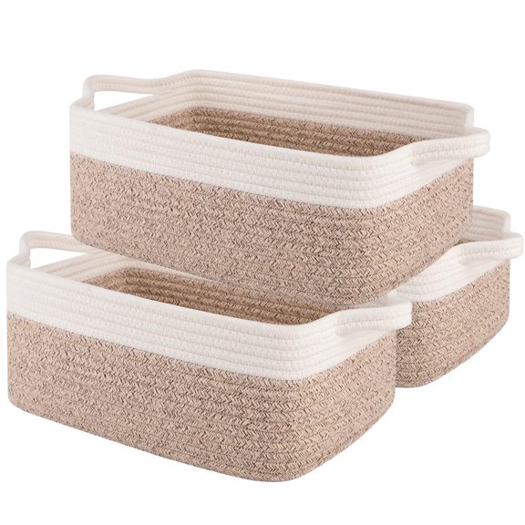 3 Pack Storage Baskets for Organizing, Woven Cotton Rope Basket for Shelves, Closet Organizer Bins with Handles, Rectangle Toy Organization, 13.78''×9.84''×5.5'', Brown & White