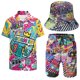 thumbnail image 3 of Conjunto deportivo de 2 piezas para hombre, estilo años 80 y 90, camisas con cuello en V y pantalones cortos estampados, con sombreros de pescador, traje de playa para Halloween y Navidad en verano, 3 of 5