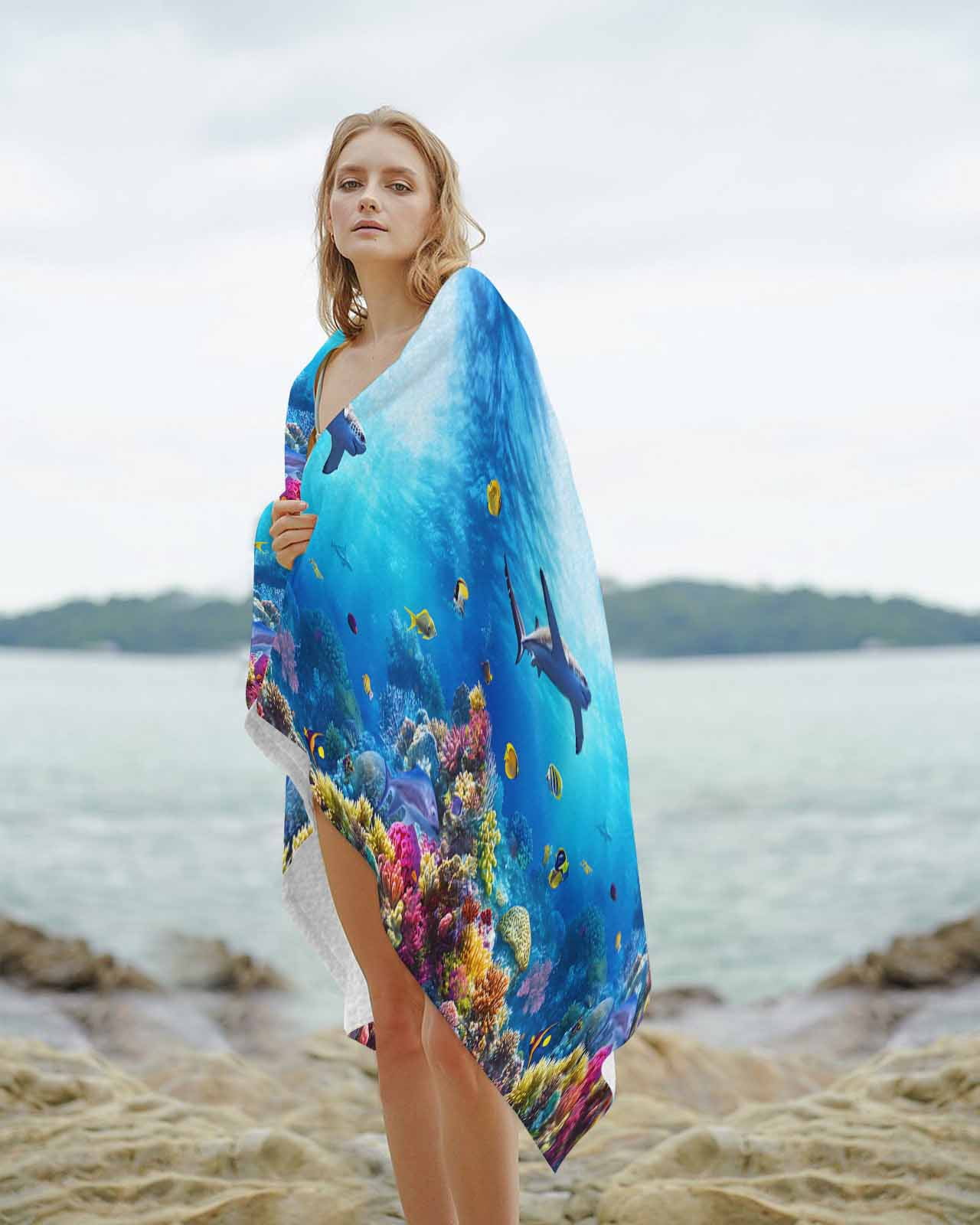 Shark Beach Towels Oversized Super Absorbent, Blue Ocean Underwater Animal Coral Tropical Fish Lightweight Bath Towel Quick Dry Sets For Bathroom/Pool/Rv Camping/Beach Play/Gym Room/Picnic 23"x47"