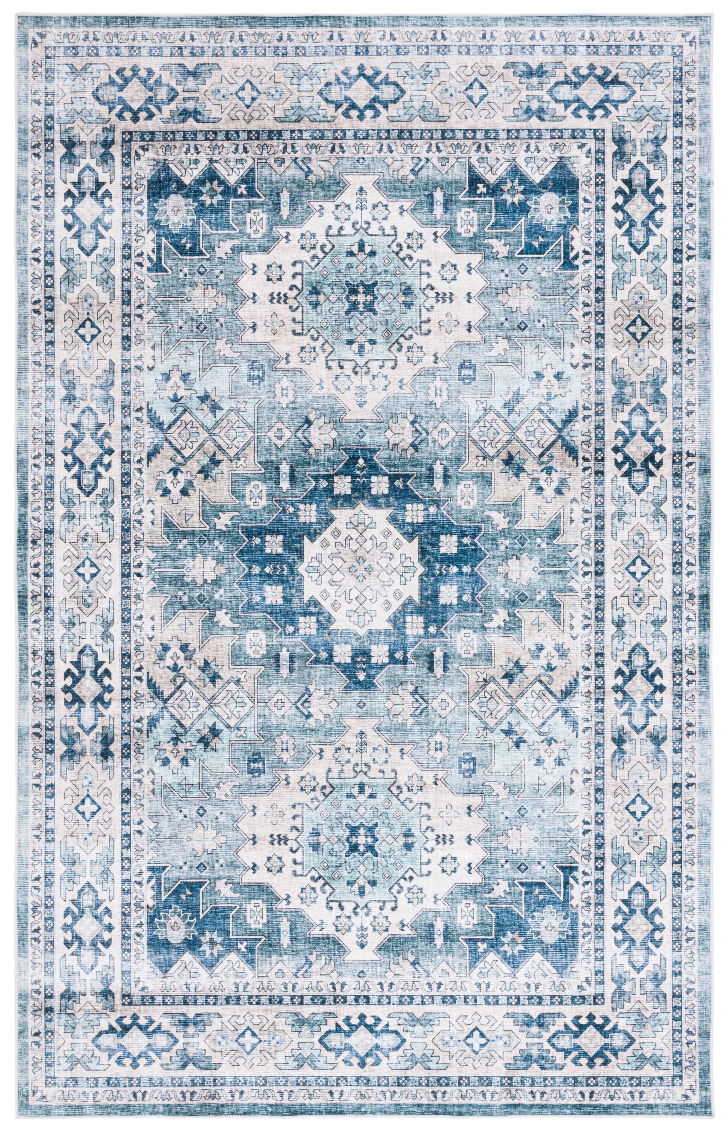 SAFAVIEH Arizona Reannon Oriental Polyester Machine Washable Area Rug, Sage/Aqua, 5' x 8'