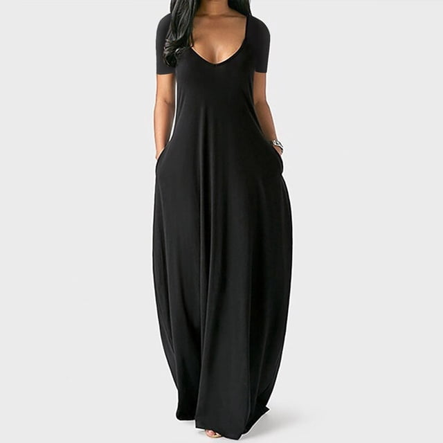 Summer Maxi Dress For Women Clothing 2022 Fashion Solid Color Sexy Deep V-neck Short Sleeve Casual Dress High Waist Pocket RobeXXL Gao Jinjia LED