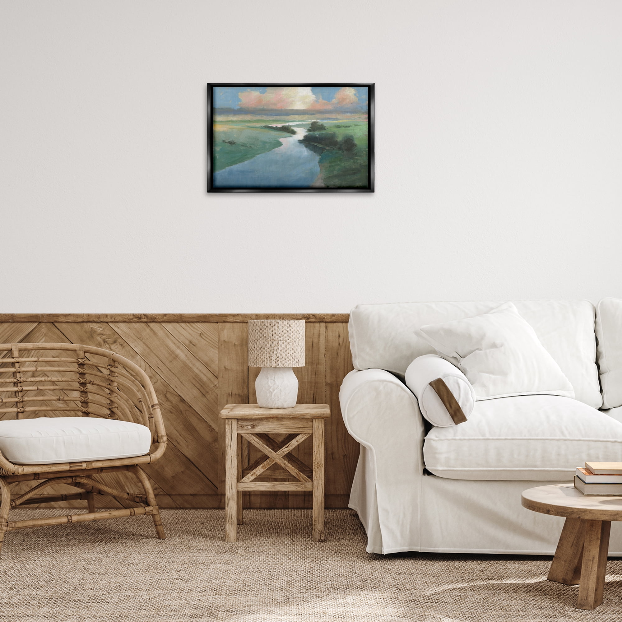 Stupell Industries Stream Landscape in January Landscape & Nature Painting Black Floater Framed Canvas Art Print Wall Art, 25 x 17