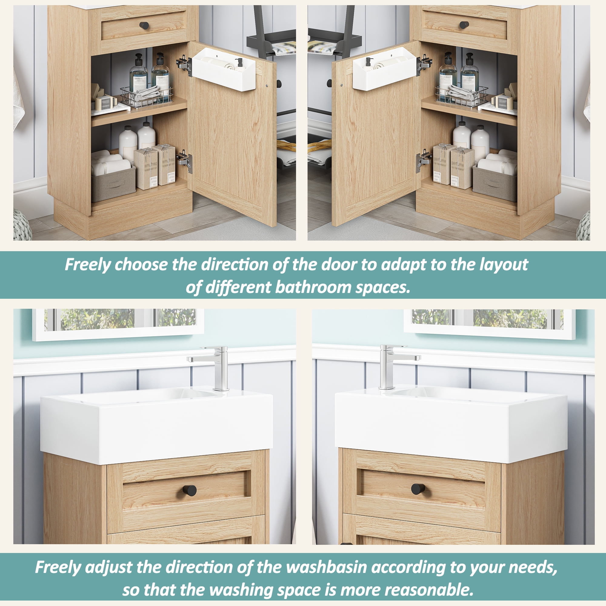 Rustic Bathroom Vanity with Reversible Resin Sink, Adjustable Shelf and Zinc Handles, 18.5" Wood Grain Melamine