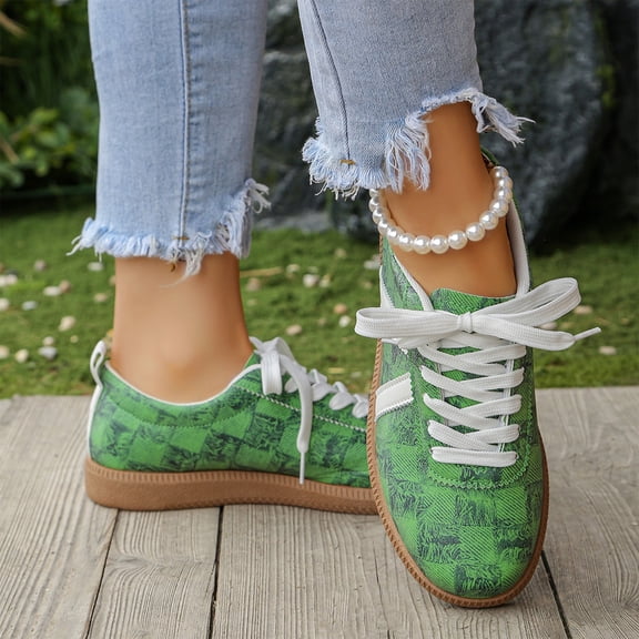 HTHLVMD Woven Lace Up Sneakers, Linen Casual Shoes, Women Classic Retro Gum Sole Fashion Sneakers Casual Tennis Skate Shoe Genuine Leather Walking Footwear Anti Slip Trainers, Army Green 5.5