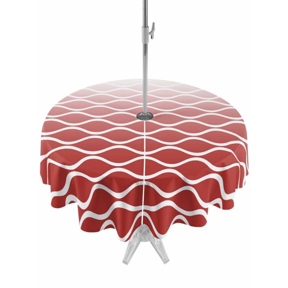 Outdoor Tablecloth with Umbrella Hole for Patio/Picnic/Party/Camping, Red Striped Waterproof Table Cloth Round Cover Washable, Modern Abstract Ombre Geometric Morocco (Dia 54")
