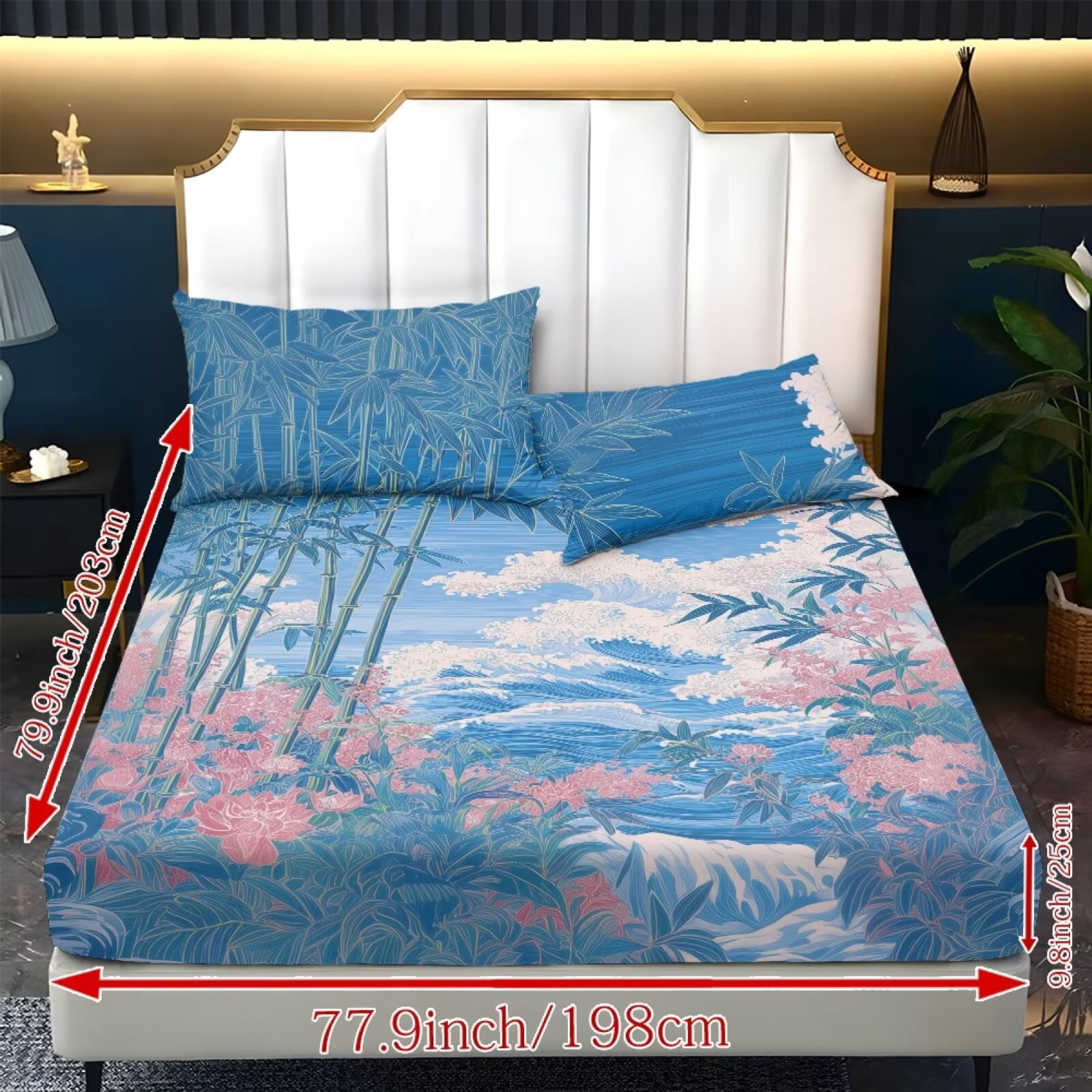 ZIATUBLES 3-Piece Queen Size Sheet Set, Soft Polyester Bedding-Cooling Cozy All-Season Sheets with 1 Fitted Sheet and 2 Pillowcases, Wave Floral Bamboo Print