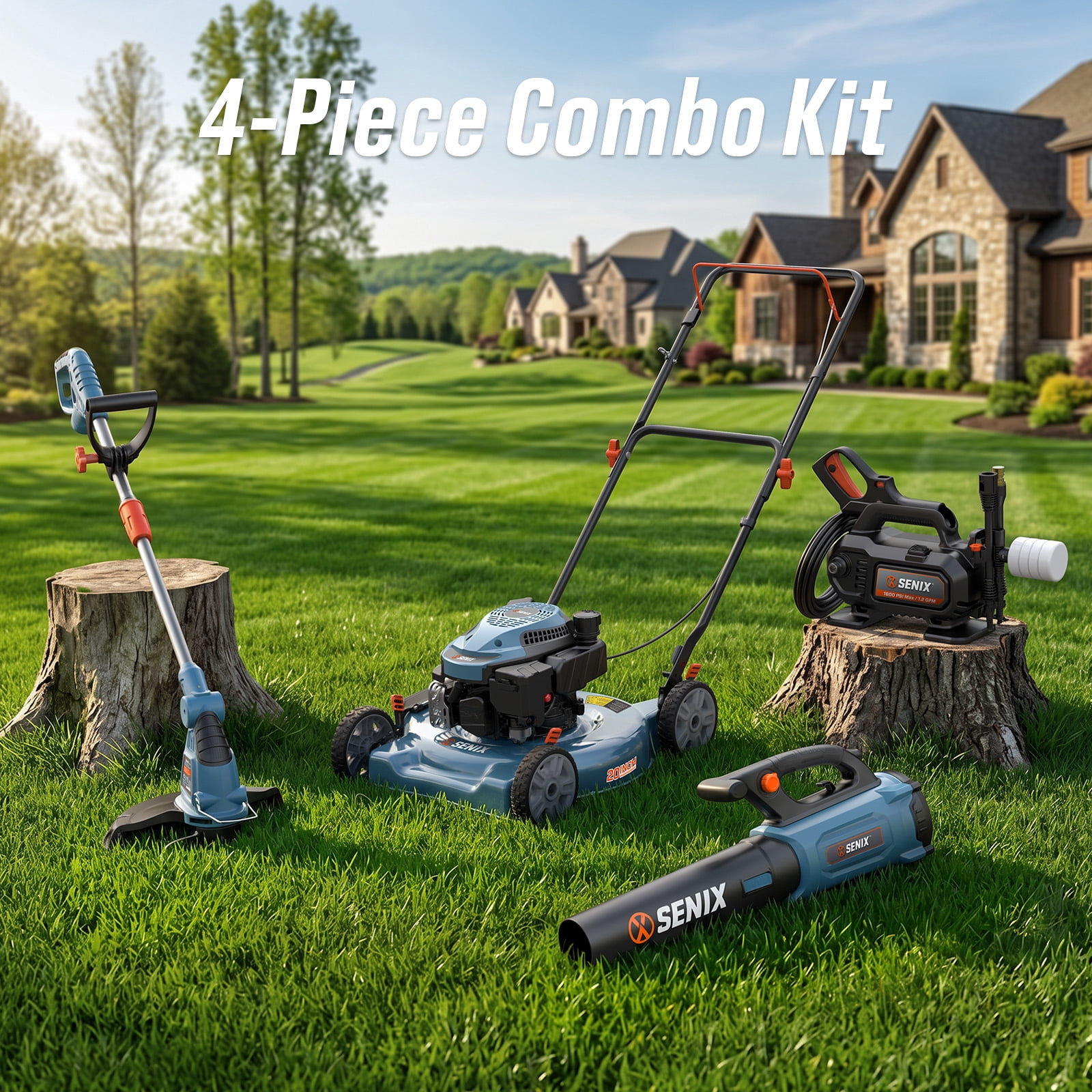 SENIX 4-Tool Combo Kit w/ 144cc 20" Gas Lawn Mower, 13"  Weed Eater, 700 CFM Blower & 1600 PSI Pressure Washer
