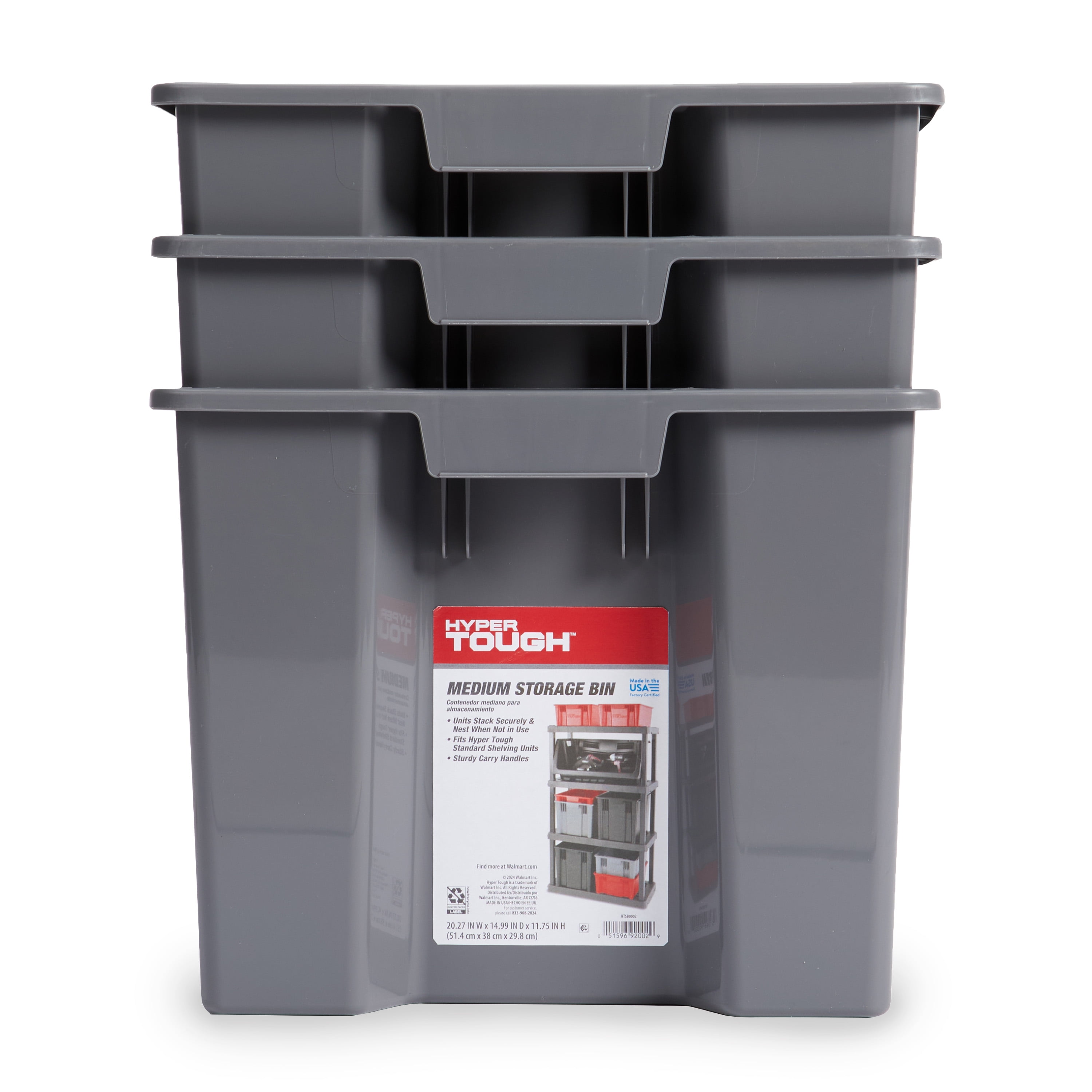 Hyper Tough Garage Plastic Stacking Open Storage Bin, Medium, Gray, No Lid