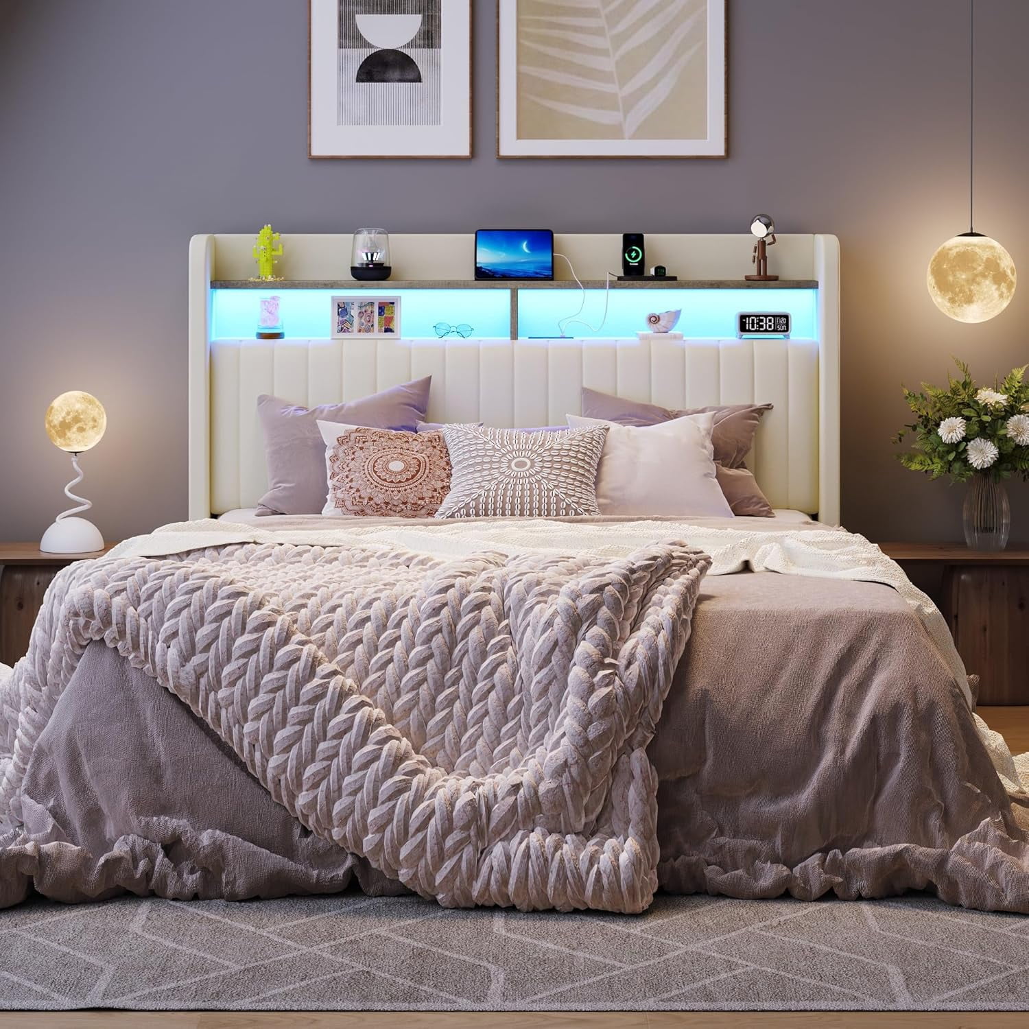 SHA CERLIN Queen Size Lift Up Storage Bed Frame, LED Lights, Charging Station, 2-Tier Shelves Headboard, USB Type-C Ports, Velvet Upholstered, Hydraulic Support, Noise Free, Cream
