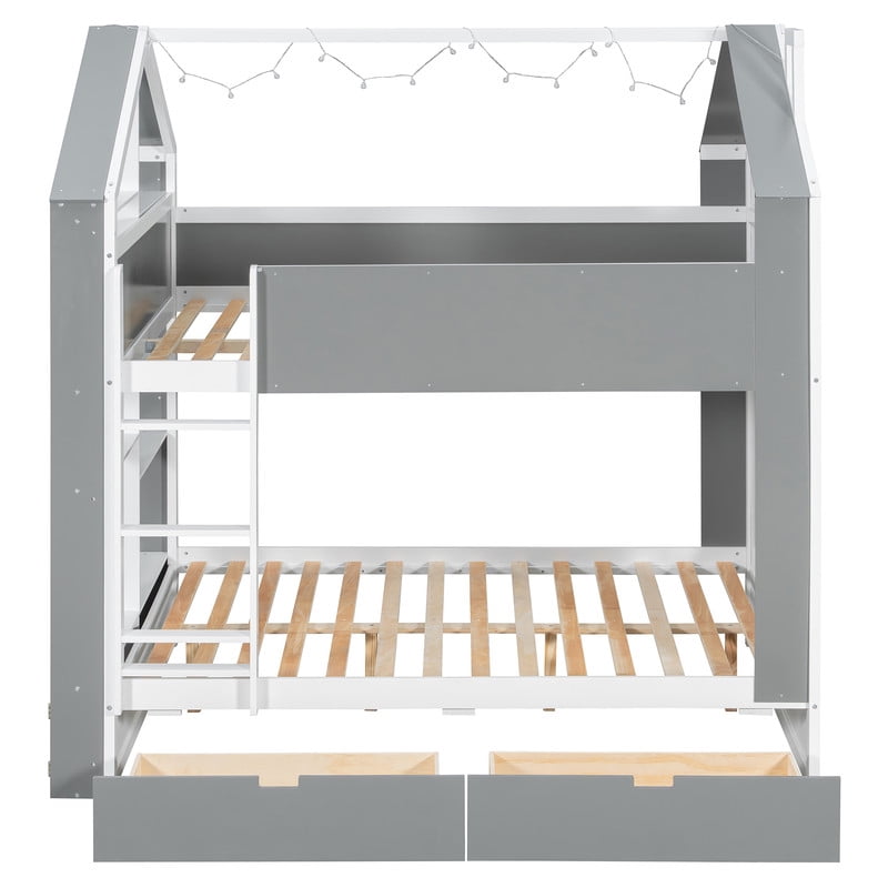 Full Over Full Bunk Bed with Storage Drawers and Shelves, Modern Two-Tone Wood Bunk Bed with LED Light Strip, Safety Guardrails and Ladder, Space-Saving Bed Frame for Kids, Teens