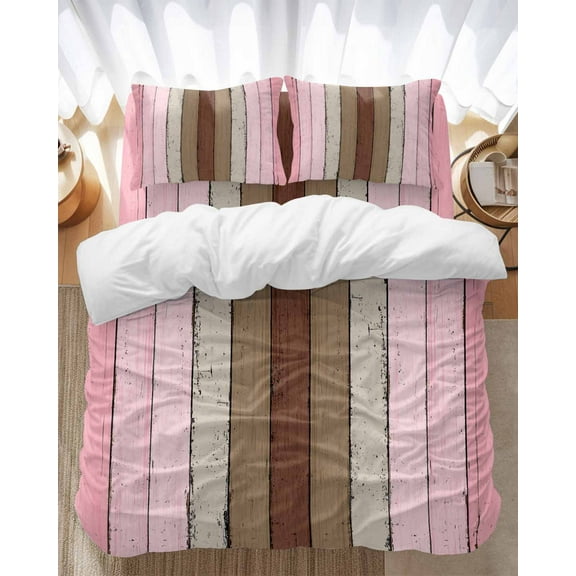 Vintage Stripes Bedding Duvet Cover Set Twin Size 4 Pieces Pink Brown Wood Grain Decoration Bedding Set with Zipper Closure, 1 Comforter Cover 68x86 Inches 1 Flat Sheet & 2 Pillow Cases