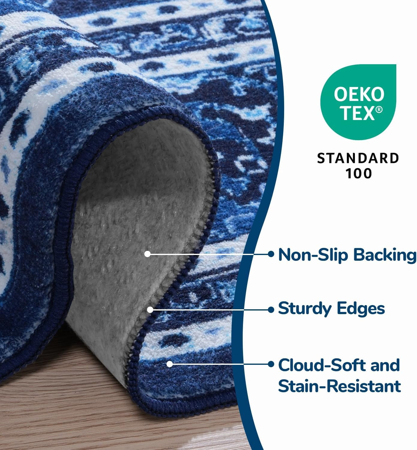 Reepow 9x12 Faux Wool Machine Washable Large Vintage Boho Floral Medallion Non-Slip Rubber Low Pile Area Rug for Living Room Bedroom Office,Blue White