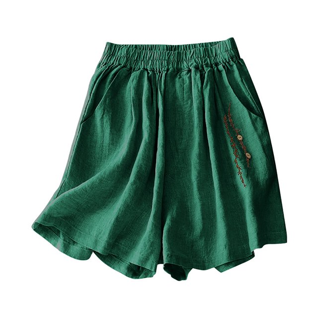 Timegard Womens Cotton Linen Shorts Wide Leg Elastic Waisted Solid Color Casual Half Pants with Pockets