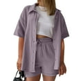 thumbnail image 4 of WAYUTE Shorts Sets Women 2 Piece Outfits Solid Color Short Sleeve Button Shirt and Casual Shorts Comfortable Casual Travel Summer Outfit, 4 of 6