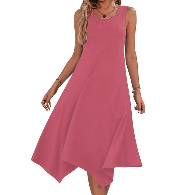 Robe d'Été, Robe Sans Manches à Col Rond avec Ourlet à Volants et Taille à Cordon, Ligne A Décontractée Longueur Midi pour Usage Quotidien