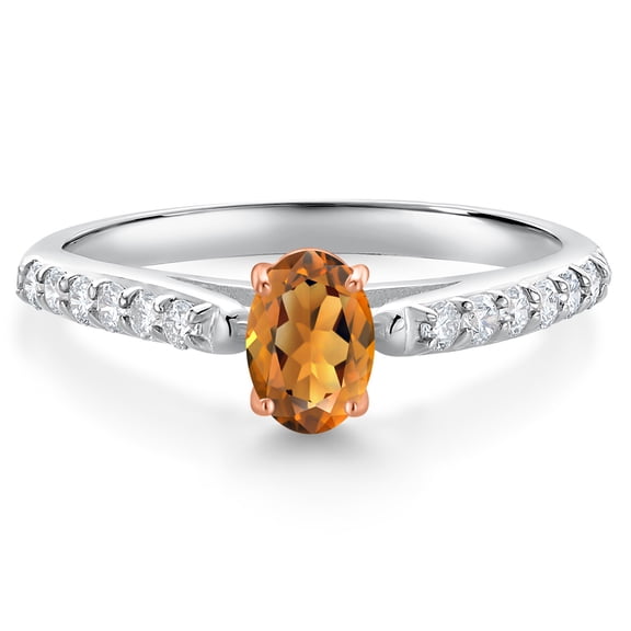 Gem Stone King 925 Silver and 10K Rose Gold Orange Red Madeira Citrine and White Lab Grown Diamond Engagement Ring for Women (0.58 Cttw, Oval 6X4MM, Gemstone Birthstone, Size 6)
