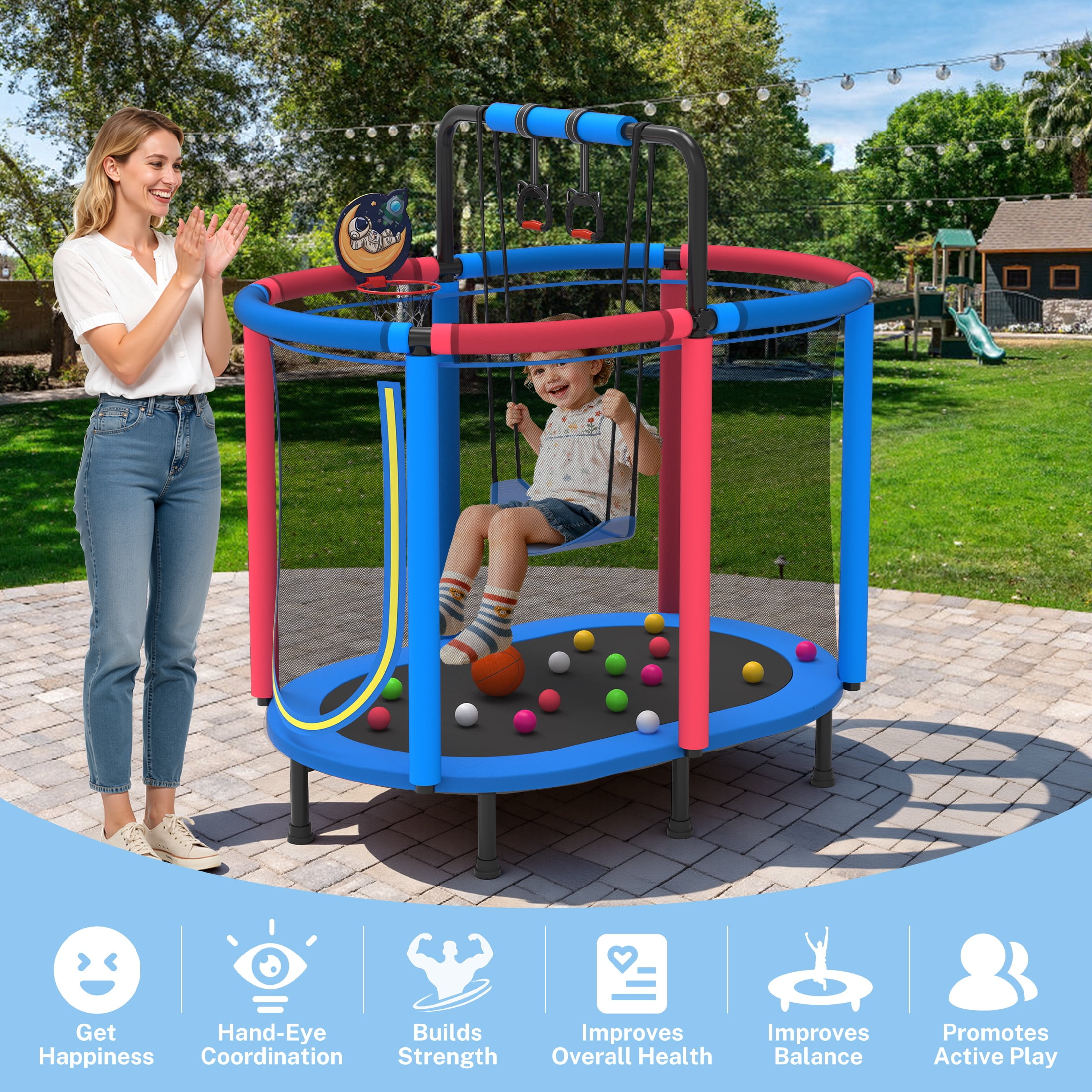 60" Toddler Trampoline with Safety Enclosure Net, SEGMART Upgraded Kids Trampoline with Basketball Hoop, Swing, Rings, Balls, Indoor Outdoor Mini Trampoline Birthday Gift for Kids Ages 3-9