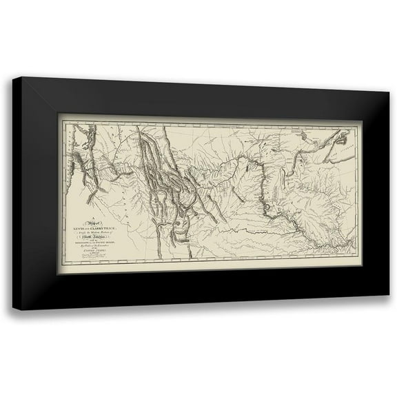 Clark 14x9 Black Modern Framed Museum Art Print Titled - Lewis and Clark Track Across North America