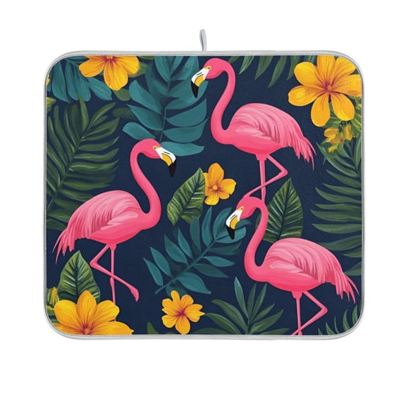 Yayeee Dish Drying Mat for Kitchen Counter 16"x18" Microfiber Absorbent Pad, Yellow Floral Flamingo