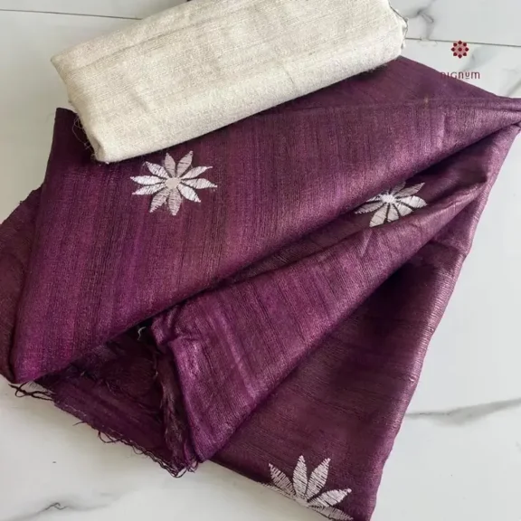 Plum Purple Tussar Ghicha Silk Embroidery Saree